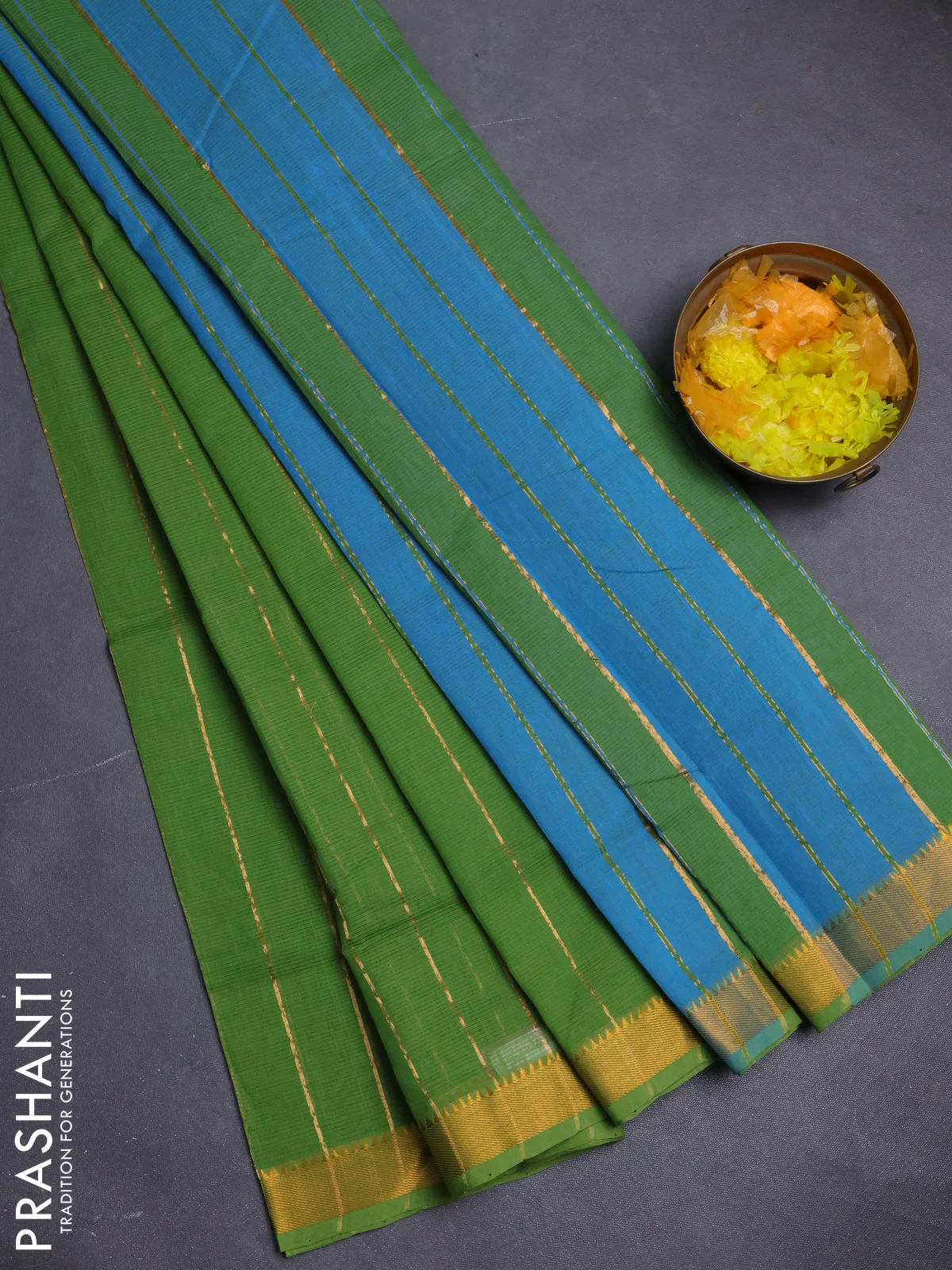 Mangalgiri cotton saree green and blue with allover zari stripe pattern and zari woven border