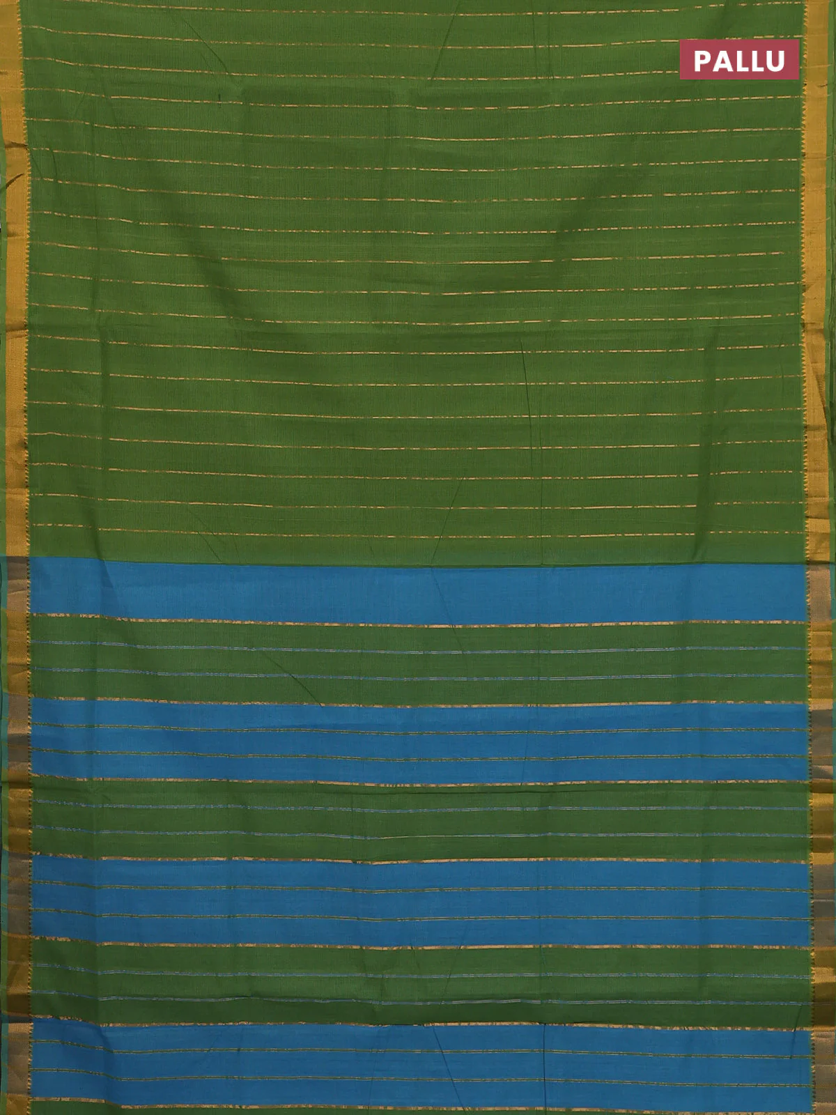 Mangalgiri cotton saree green and blue with allover zari stripe pattern and zari woven border - Image 3
