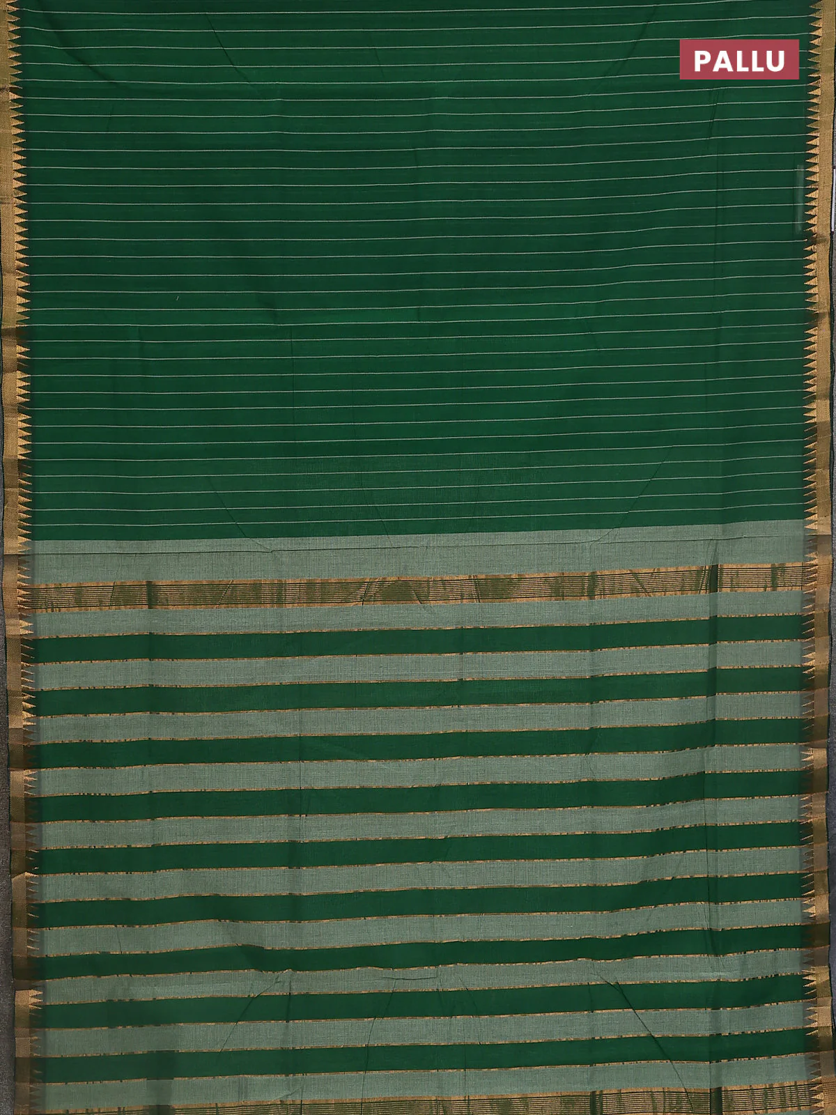 Mangalgiri cotton saree green and green shade with allover stripe pattern and temple zari woven border - Image 3