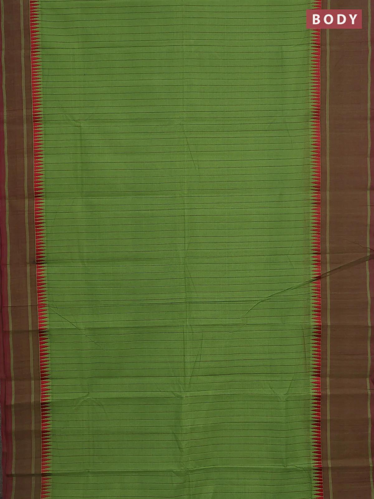 Mangalgiri cotton saree green and maroon with allover stripe pattern and temple design long rettapet border - Image 2