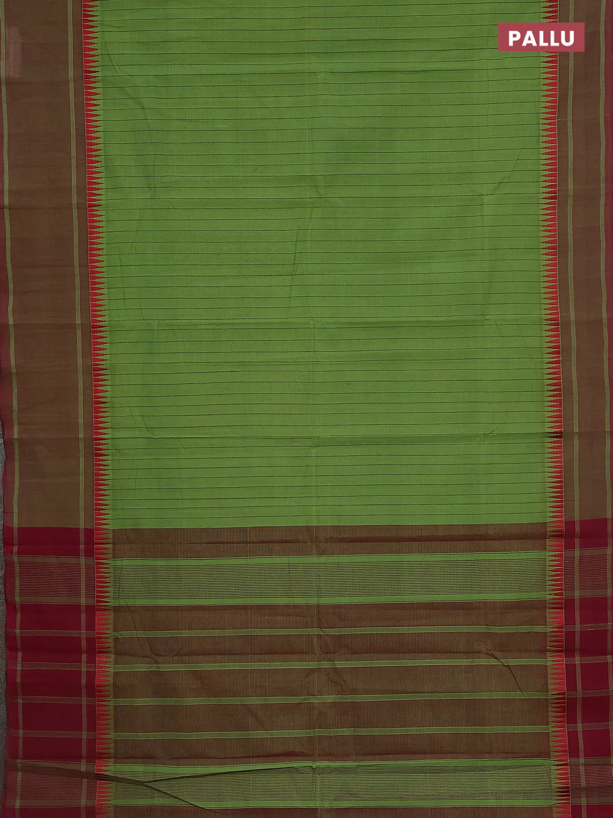 Mangalgiri cotton saree green and maroon with allover stripe pattern and temple design long rettapet border - Image 3