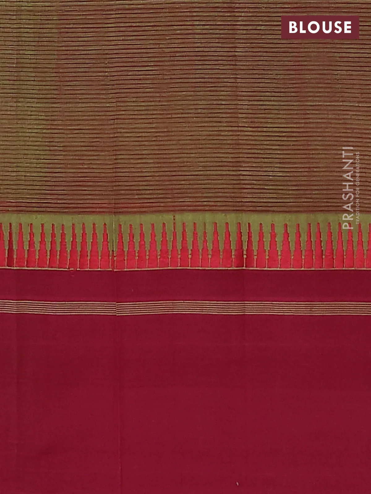 Mangalgiri cotton saree green and maroon with allover stripe pattern and temple design long rettapet border - Image 4