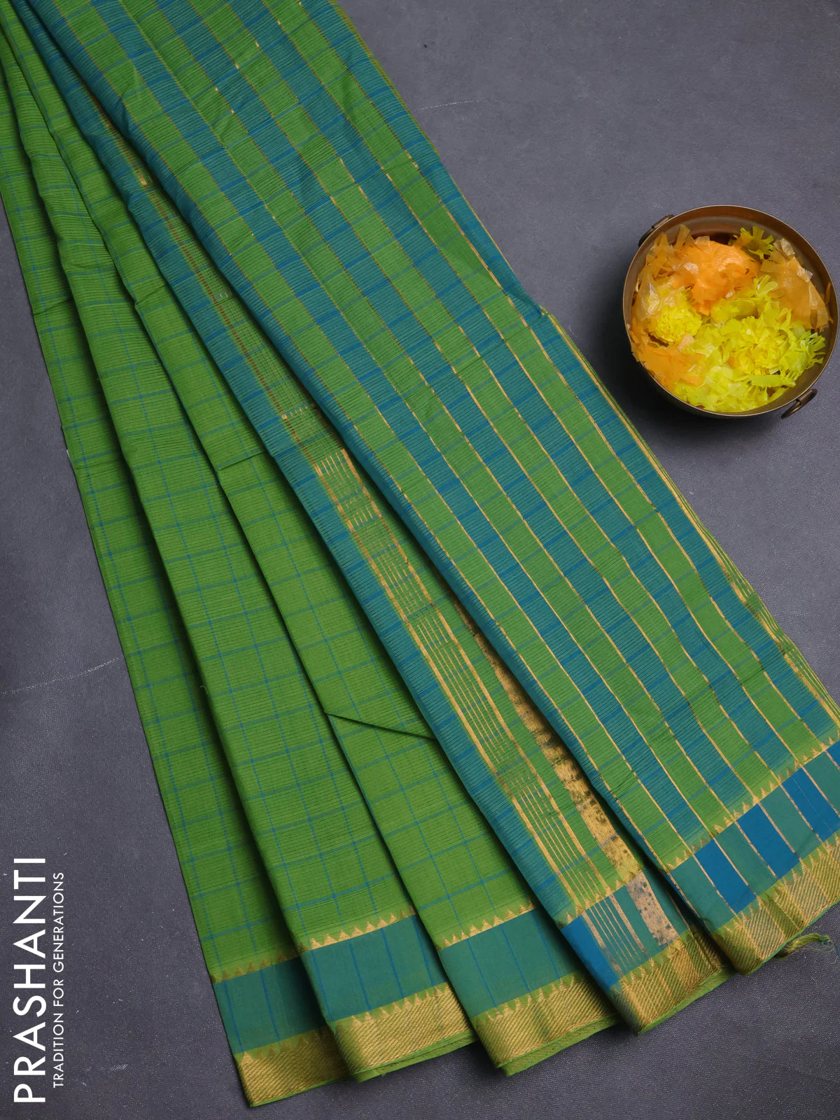 Mangalgiri cotton saree green and teal blue with allover checked pattern and rettapet zari woven border