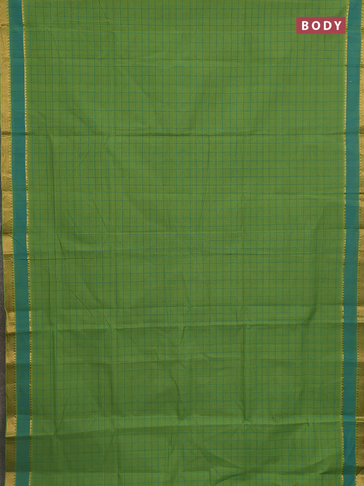Mangalgiri cotton saree green and teal blue with allover checked pattern and rettapet zari woven border - Image 2