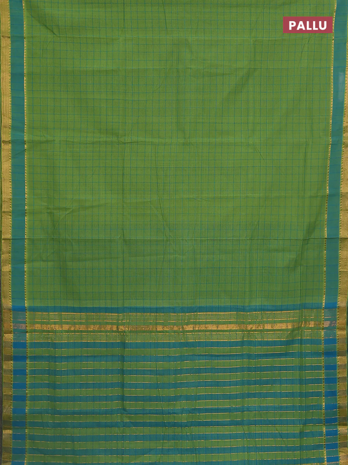 Mangalgiri cotton saree green and teal blue with allover checked pattern and rettapet zari woven border - Image 3