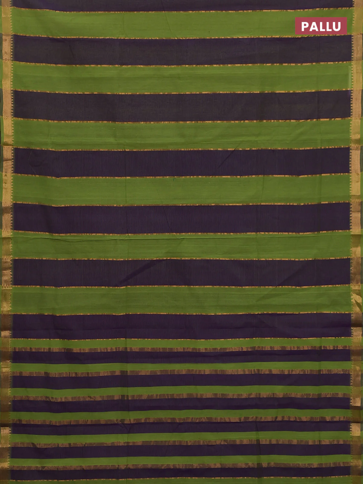 Mangalgiri cotton saree green and violet with allover zari woven stripe pattern and zari woven border - Image 3