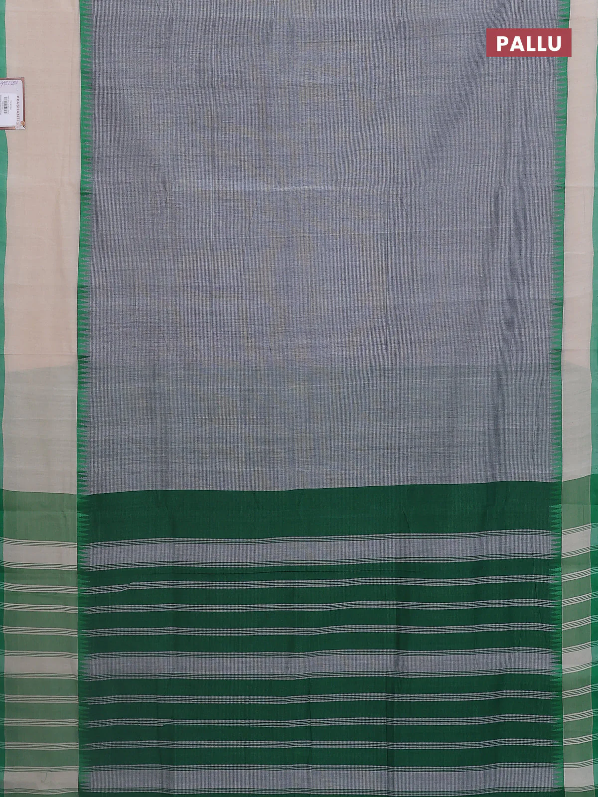 Mangalgiri cotton saree grey and cream green with palin body and temple design long rettapet border - Image 3
