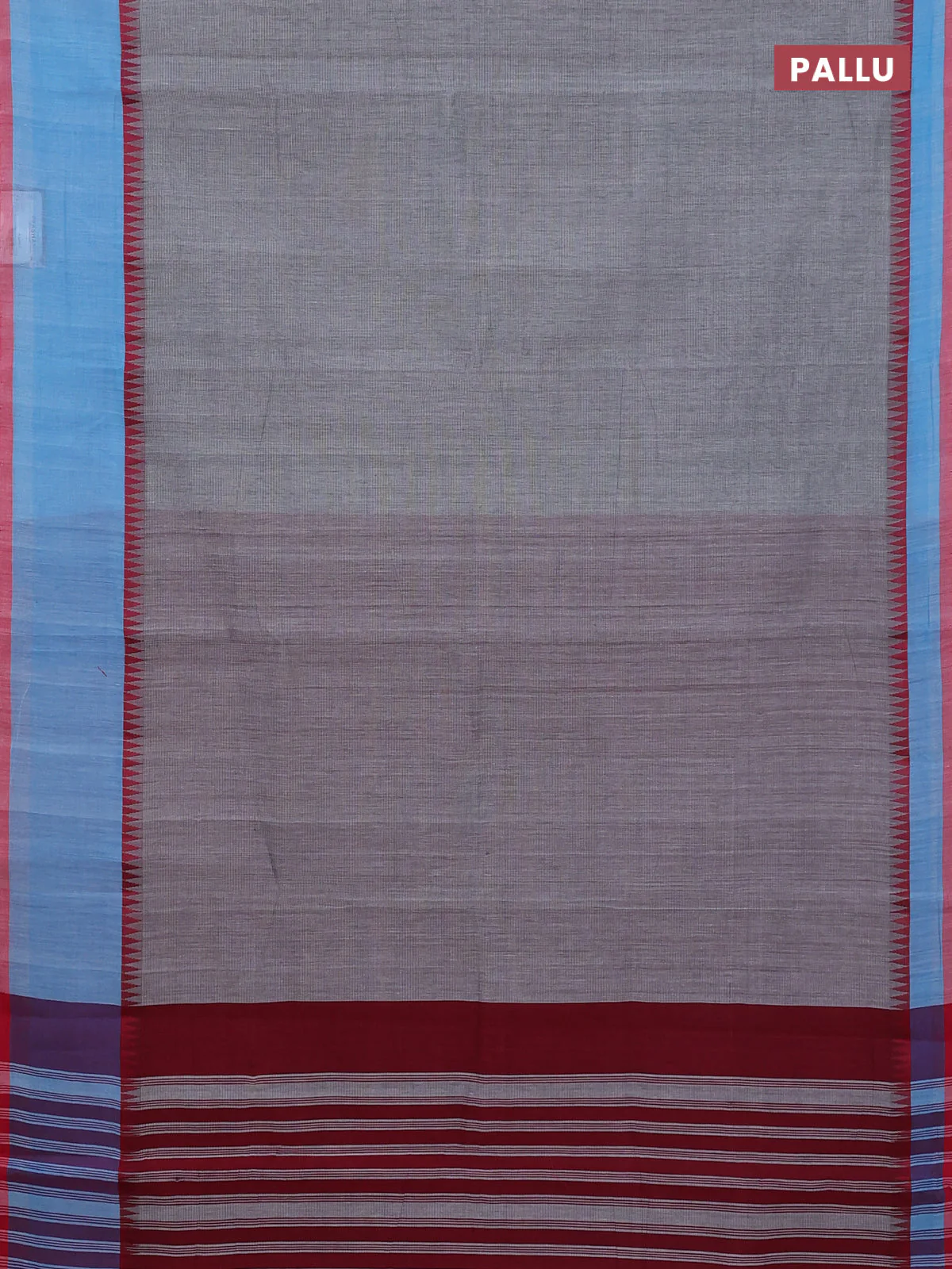 Mangalgiri cotton saree grey and light blue red with palin body and temple design long rettapet border - Image 3