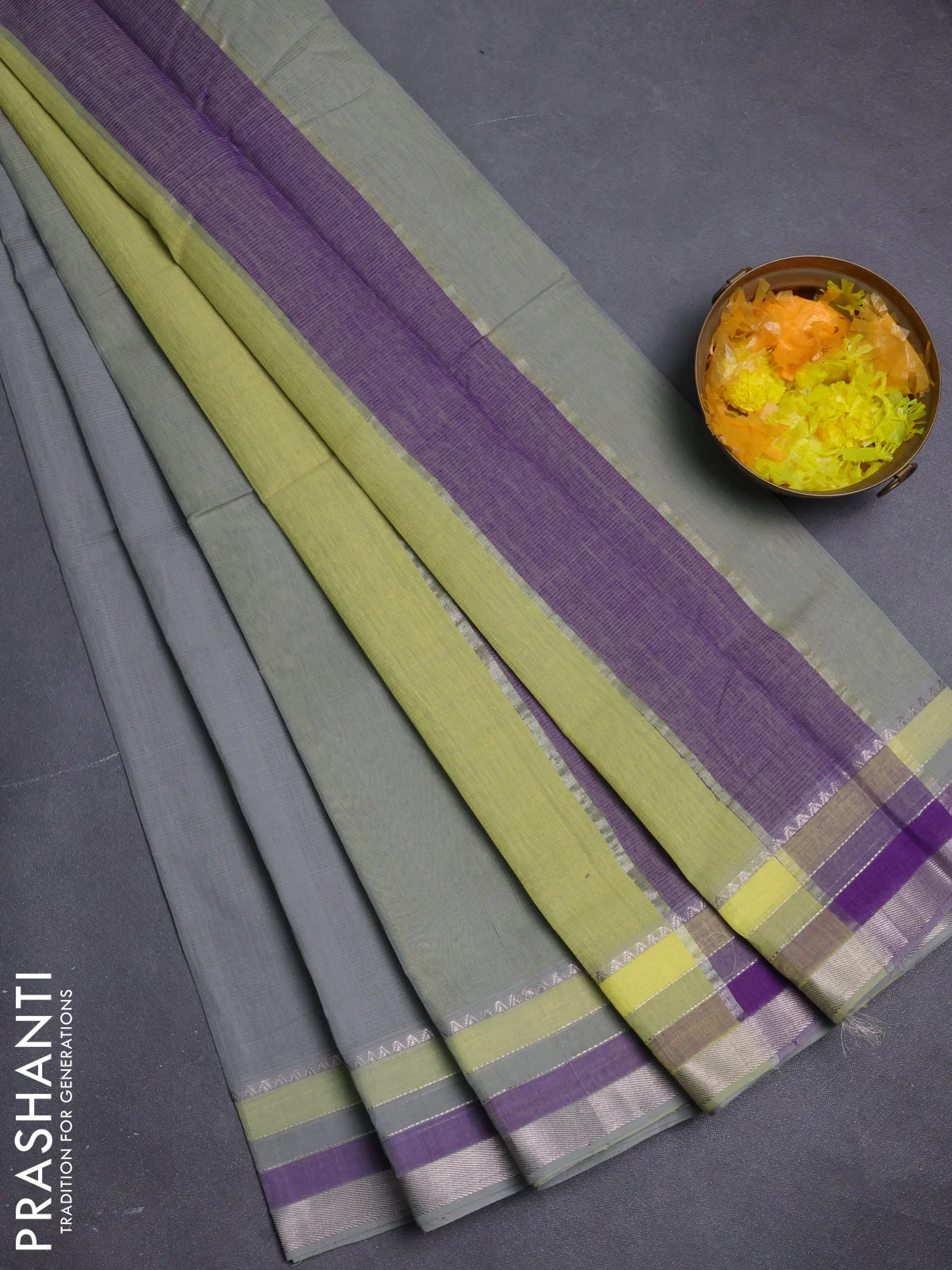 Mangalgiri cotton saree grey and multi colour with plain body and silver zari woven border