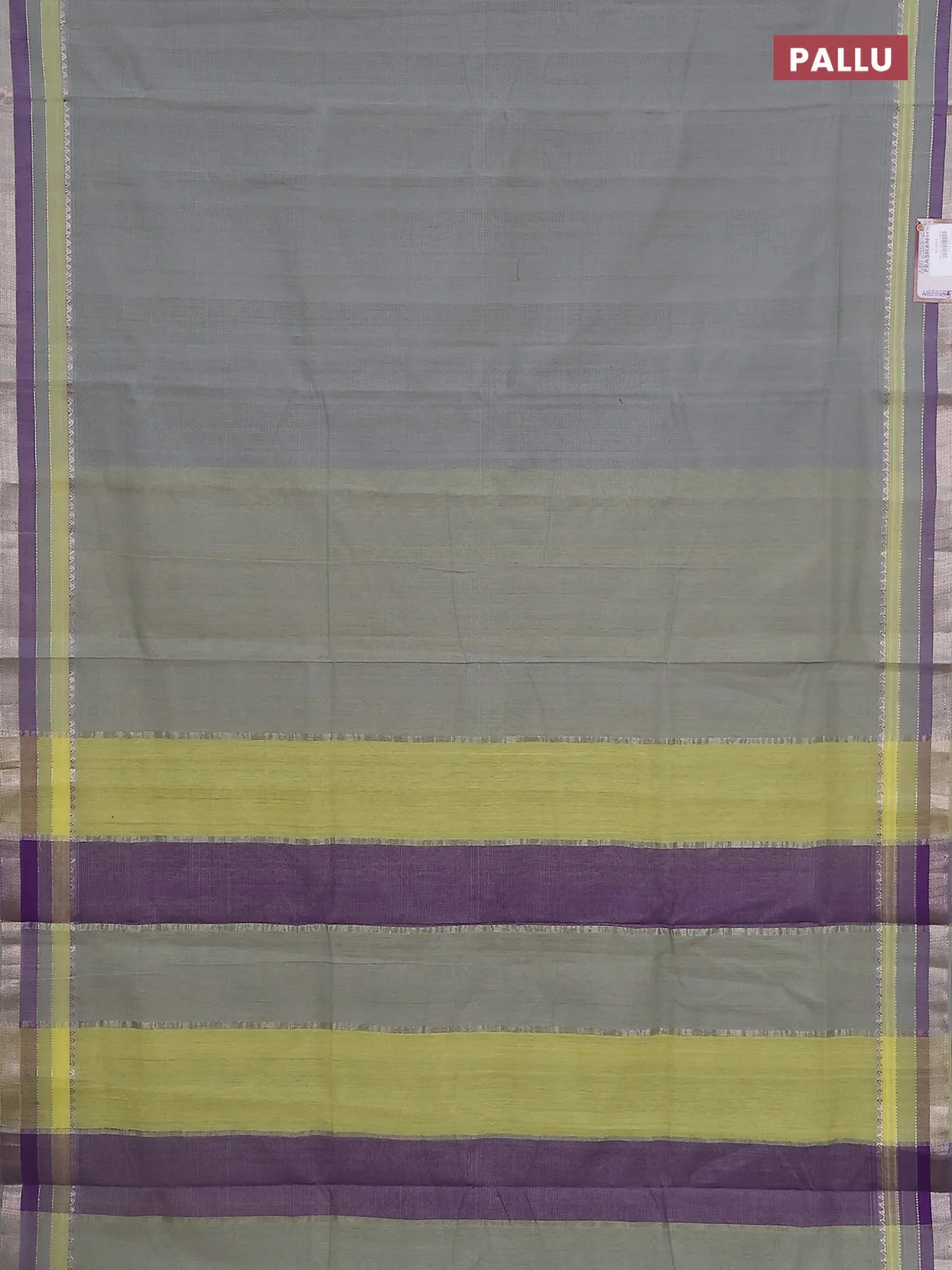 Mangalgiri cotton saree grey and multi colour with plain body and silver zari woven border - Image 3