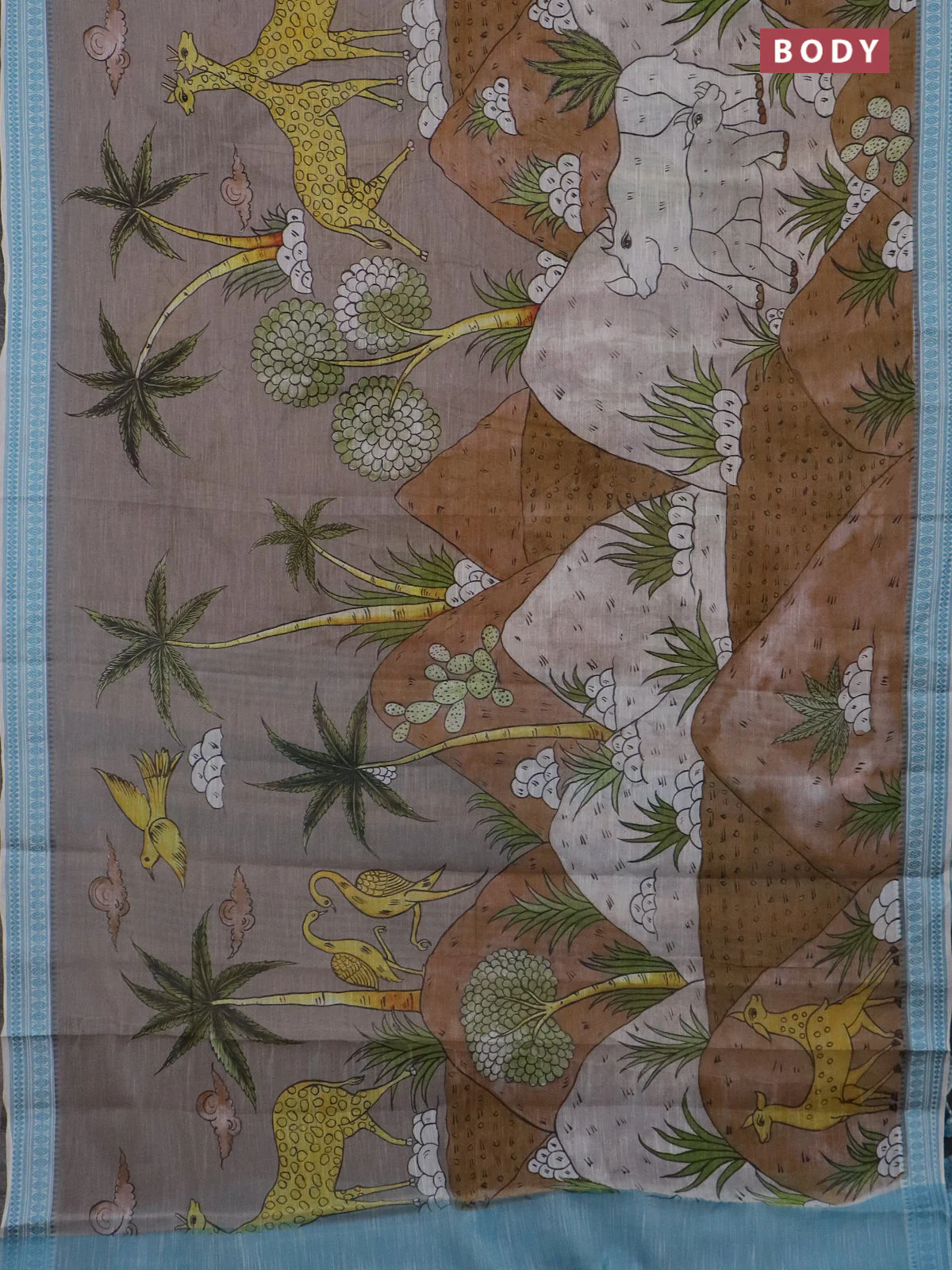 Mangalgiri cotton saree grey and off white light blue with allover prints and thread woven border - Image 2