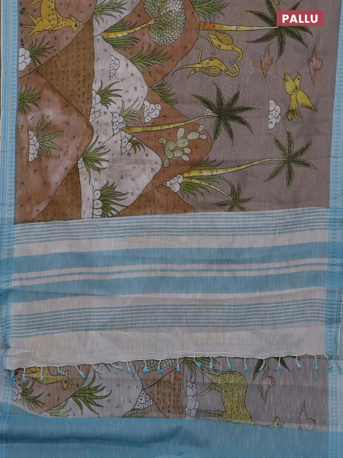 Mangalgiri cotton saree grey and off white light blue with allover prints and thread woven border - Image 3