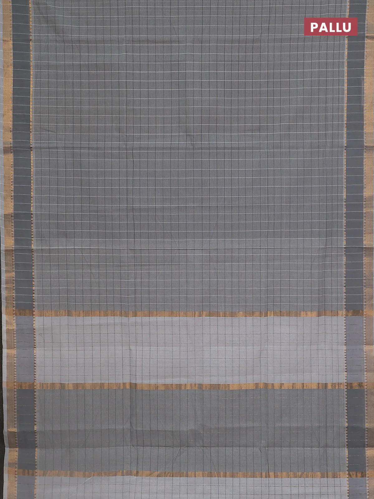 Mangalgiri cotton saree grey and off white with allover checked pattern and rettapet zari woven border - Image 3