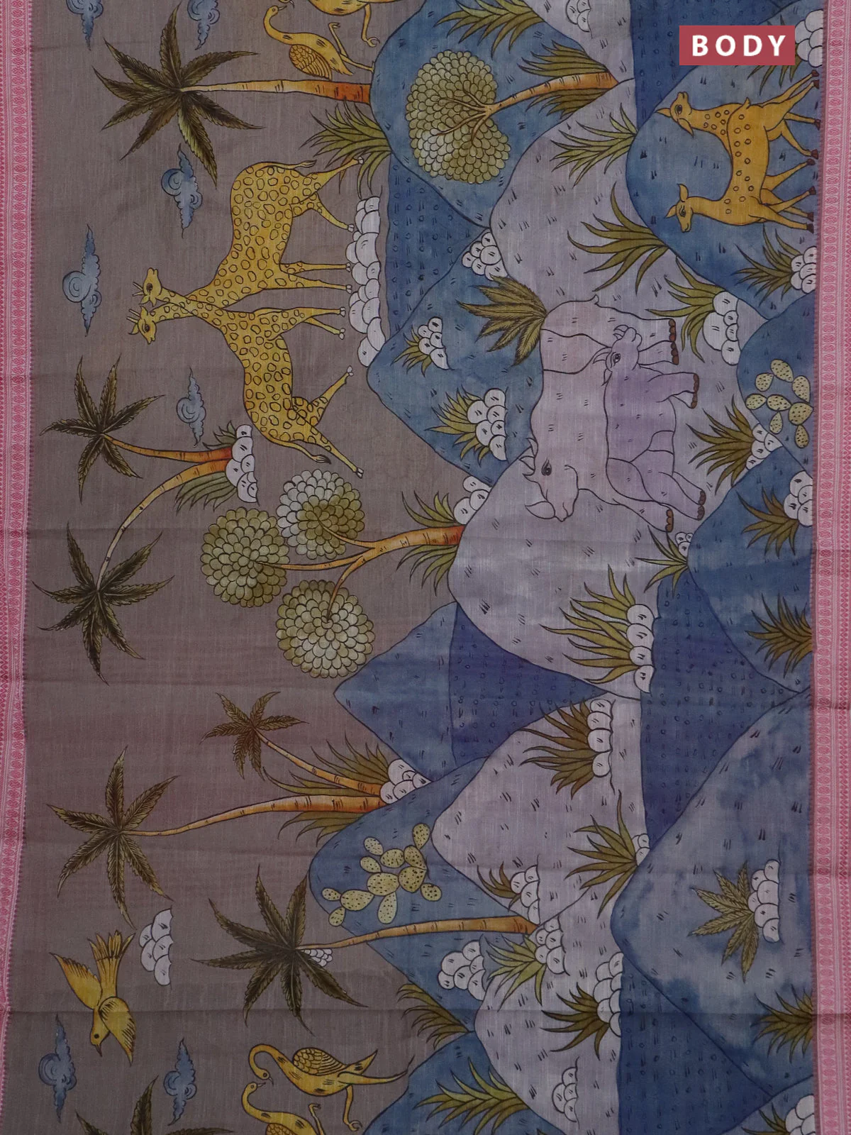 Mangalgiri cotton saree grey multi colour and off white pink with allover prints and thread woven border - Image 2