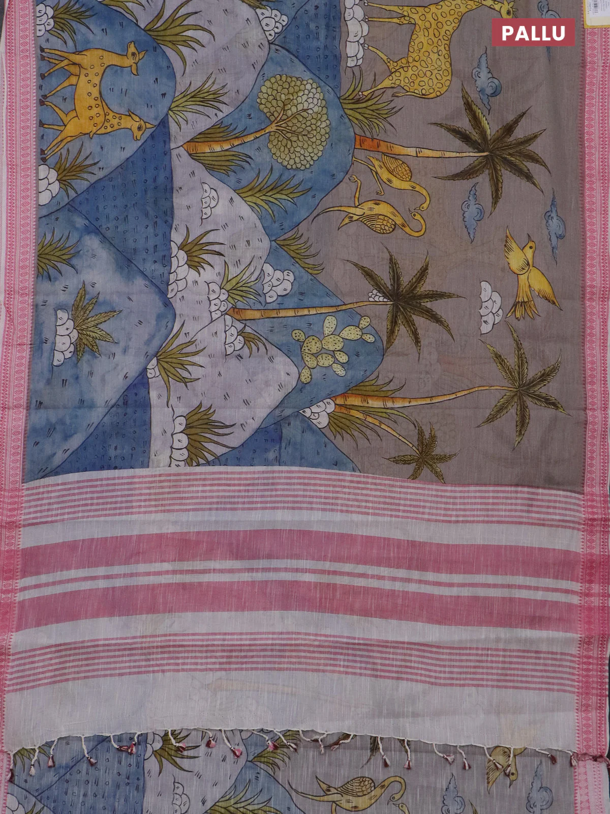 Mangalgiri cotton saree grey multi colour and off white pink with allover prints and thread woven border - Image 3