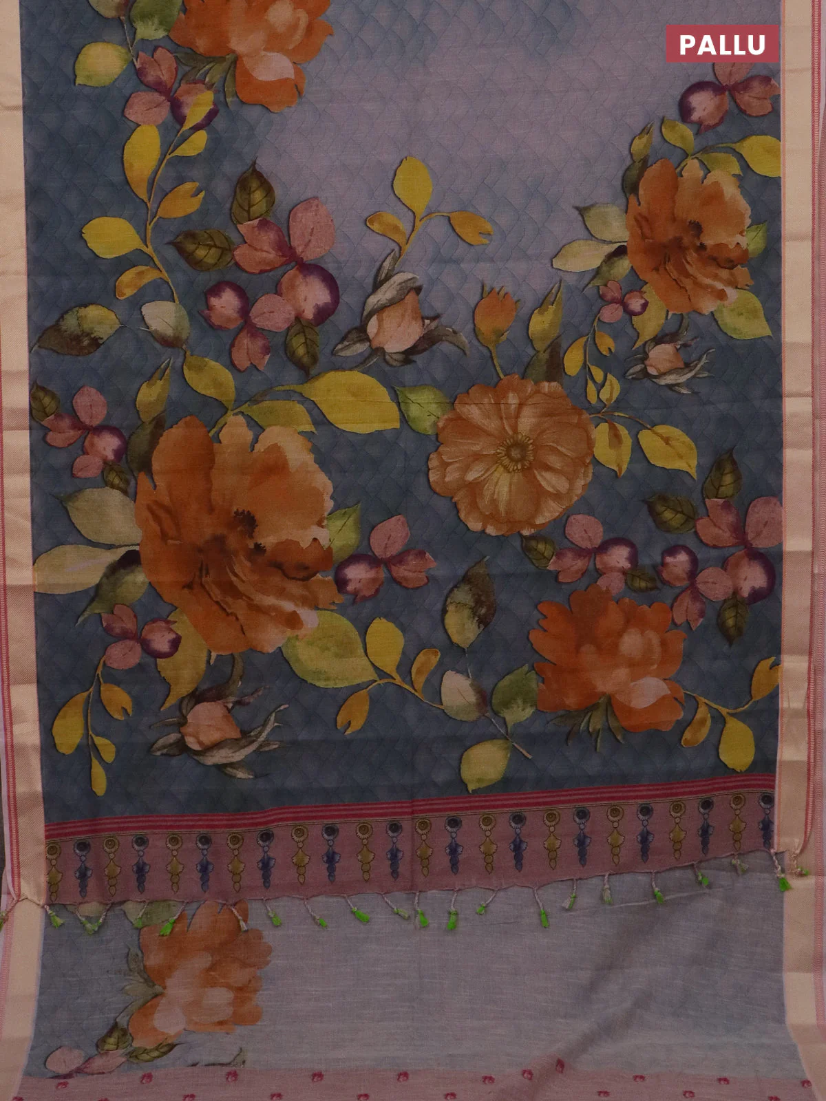 Mangalgiri cotton saree grey shade and baby pink with allover prints and thread woven border - Image 3