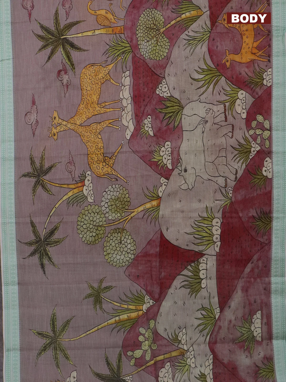 Mangalgiri cotton saree grey shade and off white pastel green with allover prints and thread woven border - Image 2