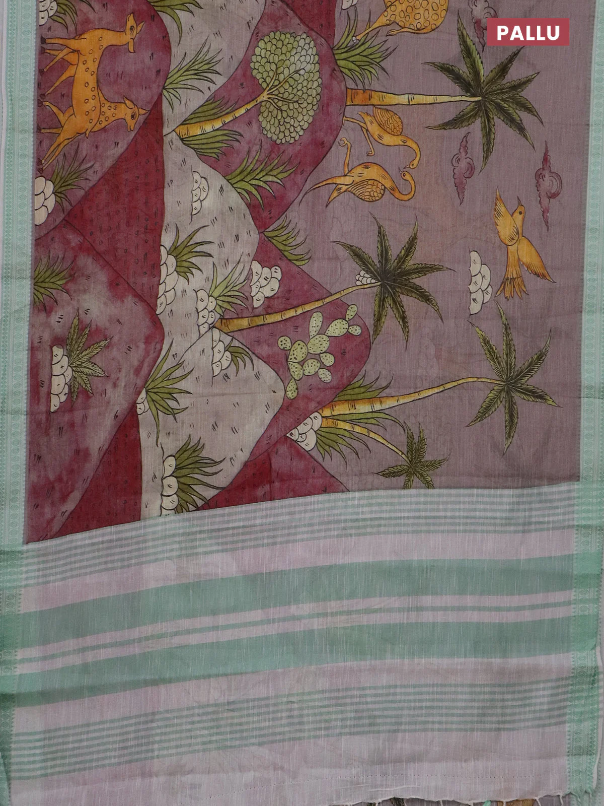 Mangalgiri cotton saree grey shade and off white pastel green with allover prints and thread woven border - Image 3