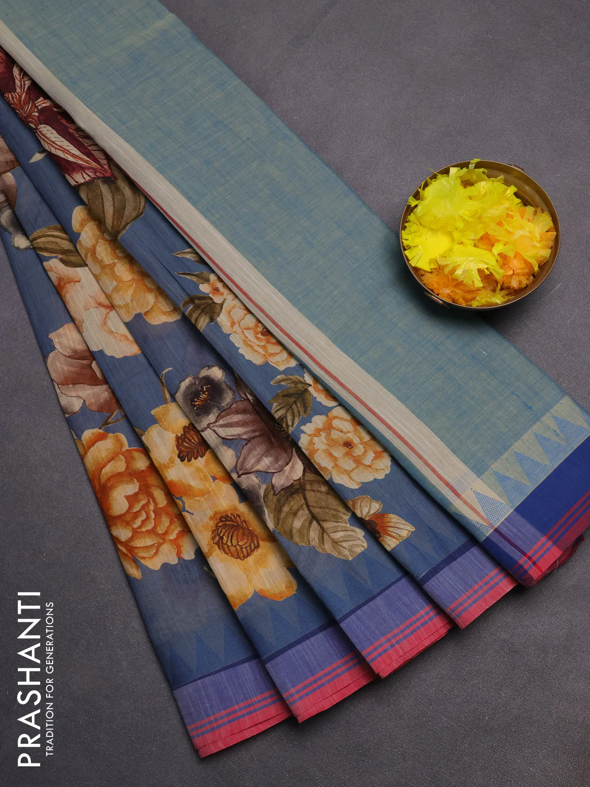 Mangalgiri cotton saree greyish blue and sandal blue with allover floral prints and temple design simple border