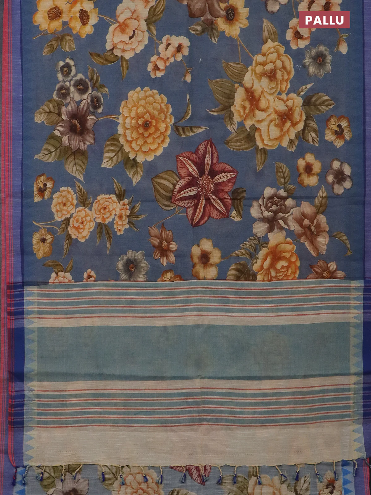 Mangalgiri cotton saree greyish blue and sandal blue with allover floral prints and temple design simple border - Image 3