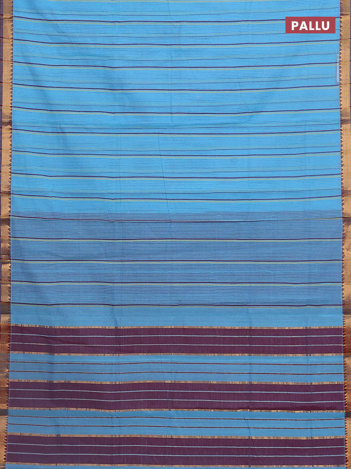 Mangalgiri cotton saree light blue and maroon with allover stripe pattern and zari woven border - Image 3