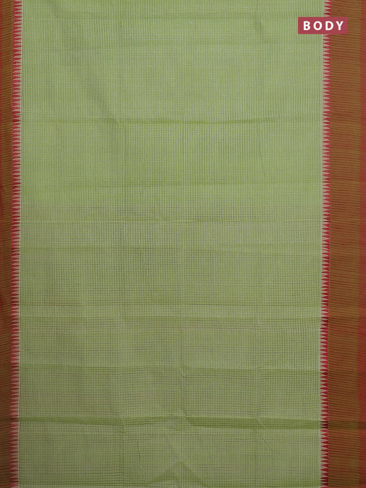Mangalgiri cotton saree light green and dark mustard with allover small checked pattern and temple design simple border - Image 2