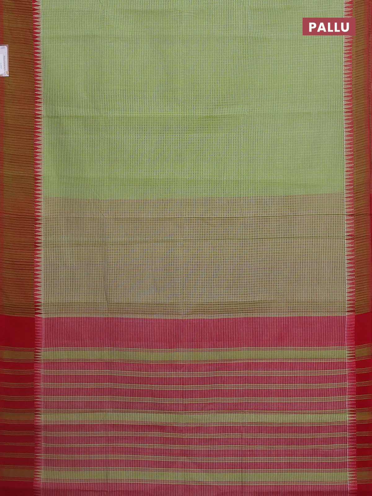 Mangalgiri cotton saree light green and dark mustard with allover small checked pattern and temple design simple border - Image 3