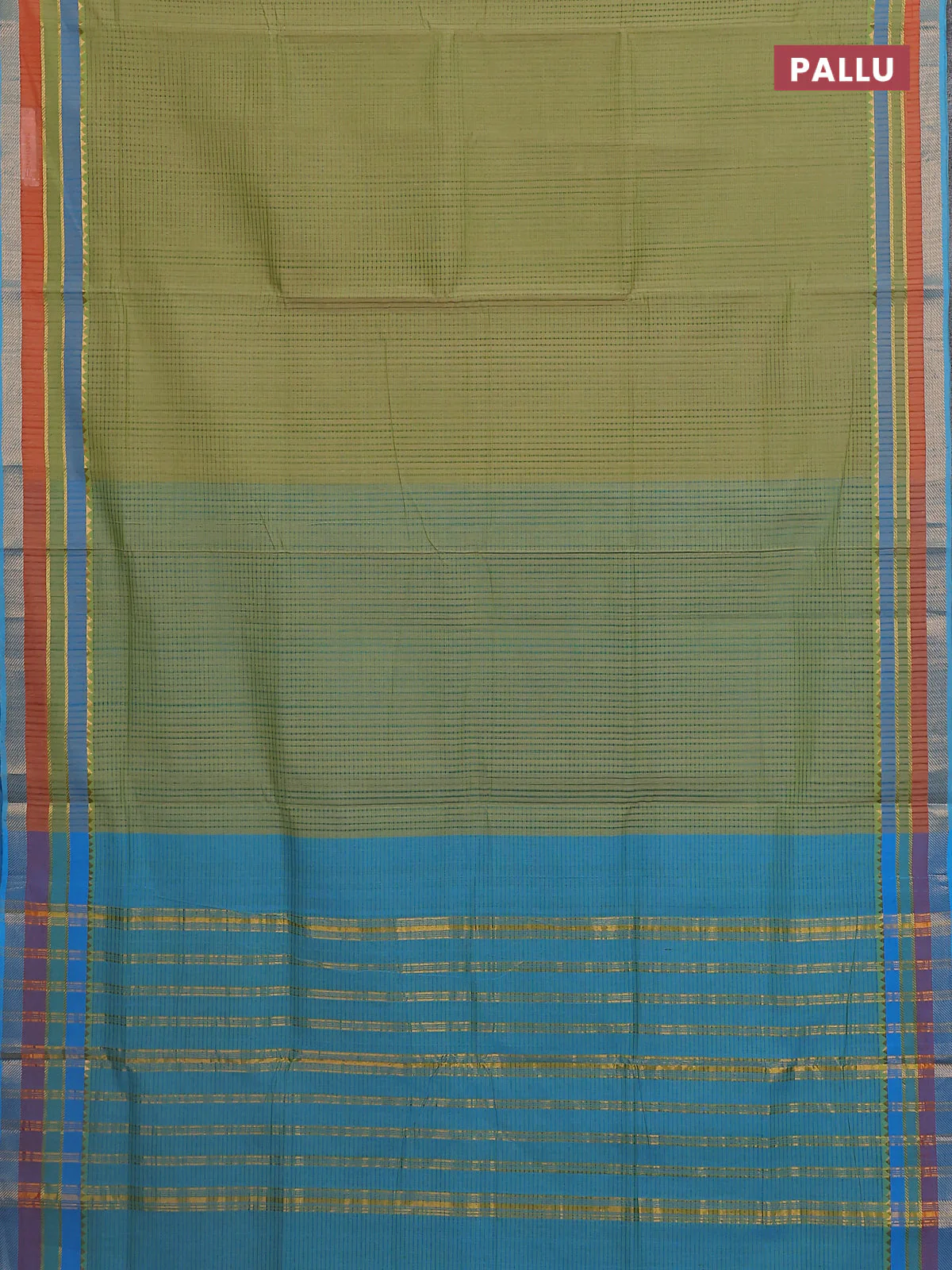 Mangalgiri cotton saree light green and teal blue with allover stripe pattern and zari woven border - Image 3
