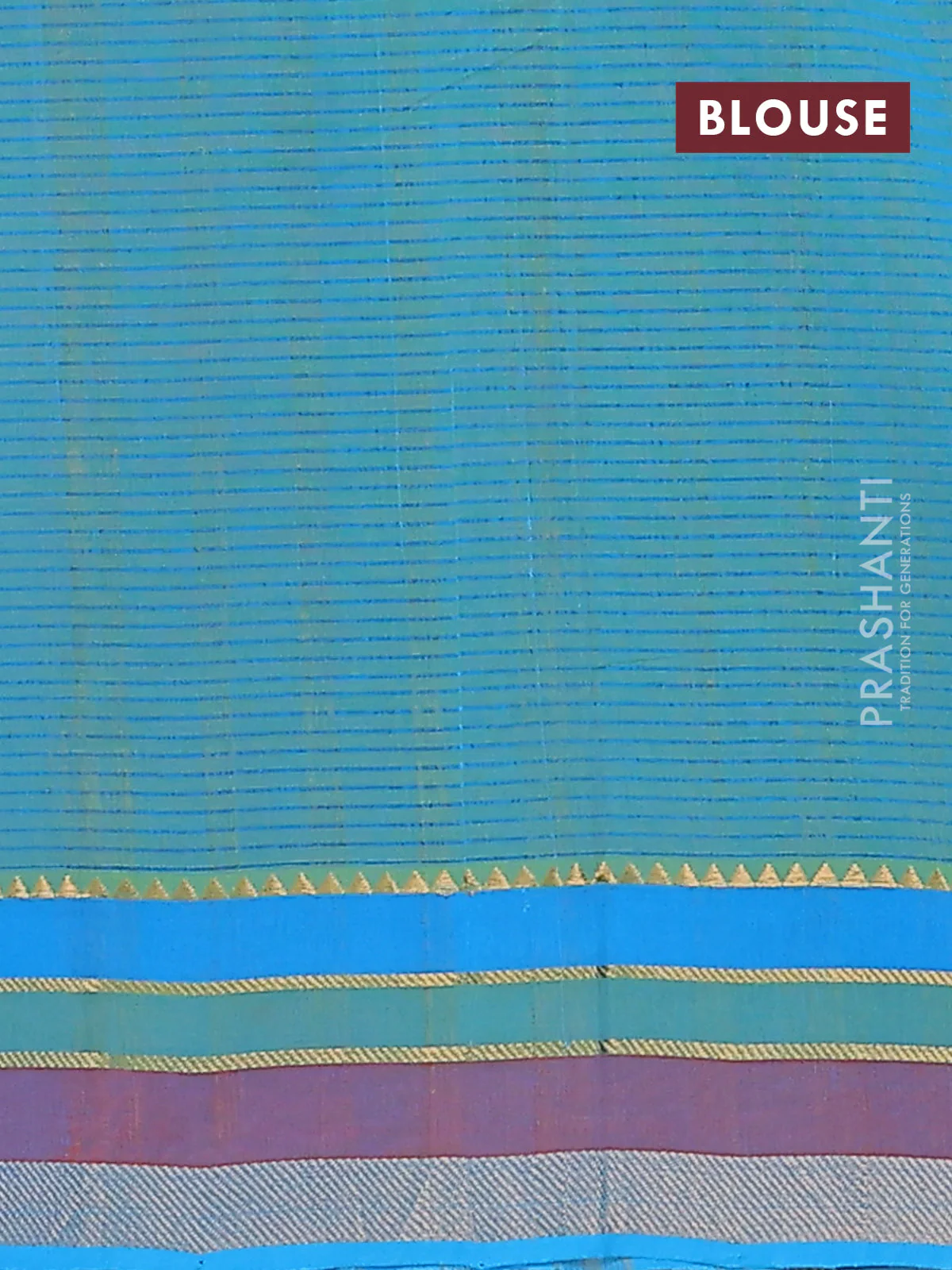 Mangalgiri cotton saree light green and teal blue with allover stripe pattern and zari woven border - Image 4