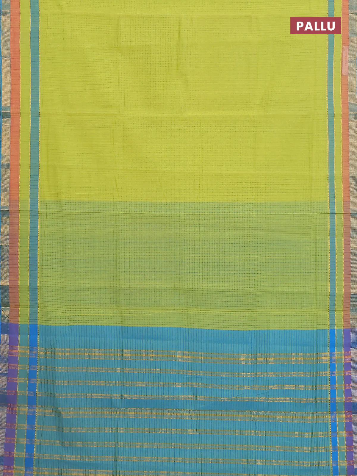 Mangalgiri cotton saree lime green and cs blue with allover stripe pattern and zari woven border - Image 3