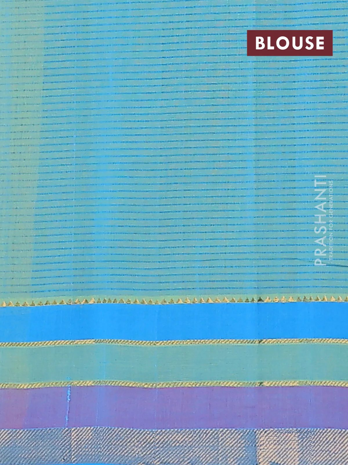 Mangalgiri cotton saree lime green and cs blue with allover stripe pattern and zari woven border - Image 4