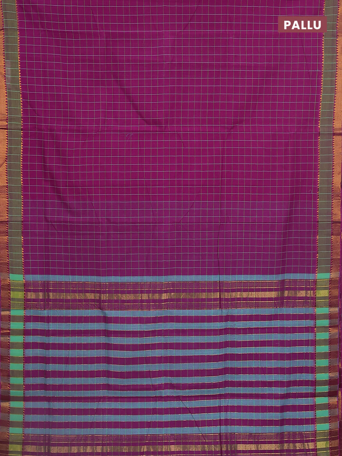 Mangalgiri cotton saree magenta pink and teal green with allover checked pattern and rettapet zari woven border - Image 3