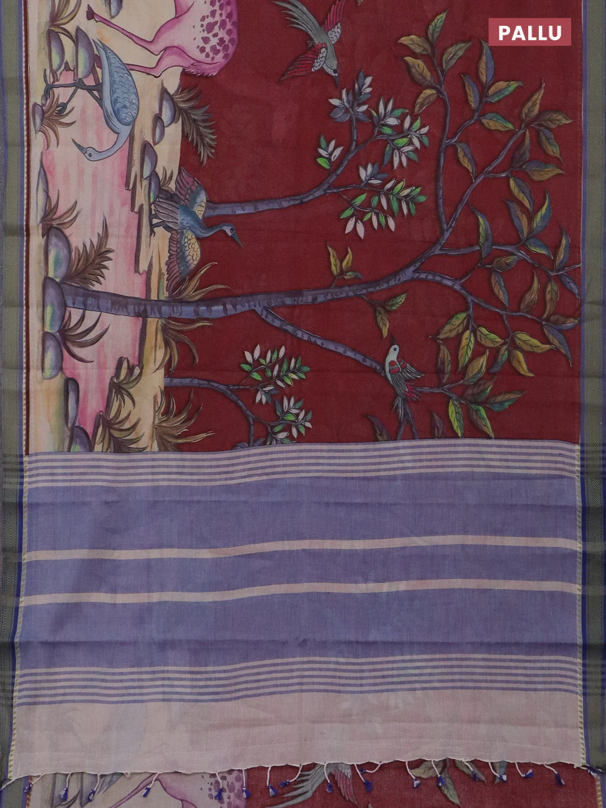 Mangalgiri cotton saree maroon and beige blue with allover prints and thread woven border - Image 3