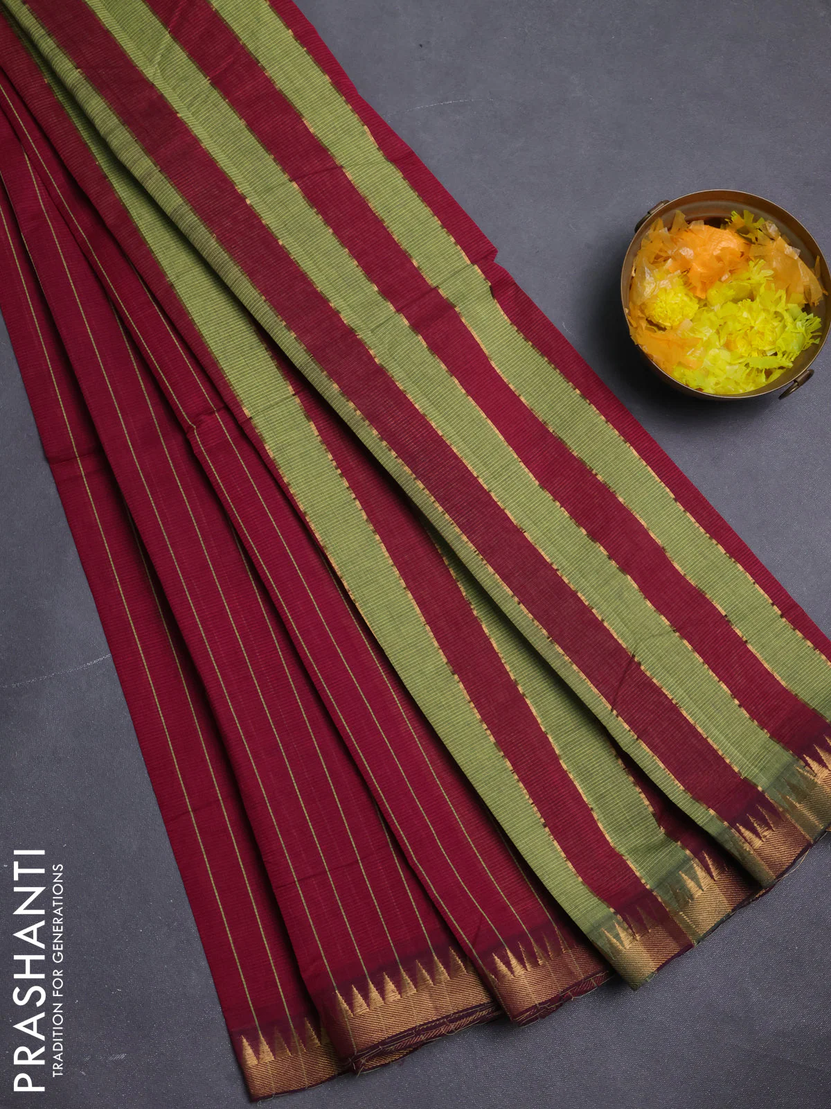 Mangalgiri cotton saree maroon and green shade with allover stripe pattern and temple zari woven border