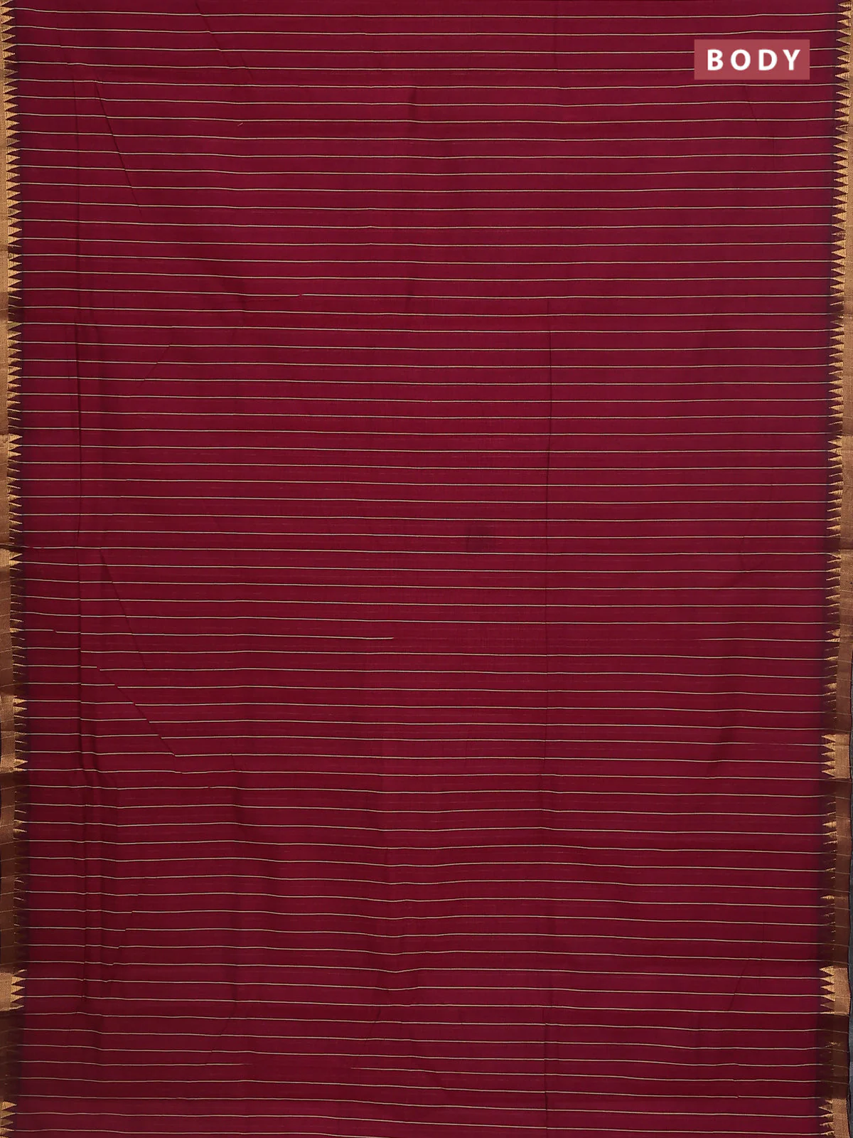 Mangalgiri cotton saree maroon and green shade with allover stripe pattern and temple zari woven border - Image 2