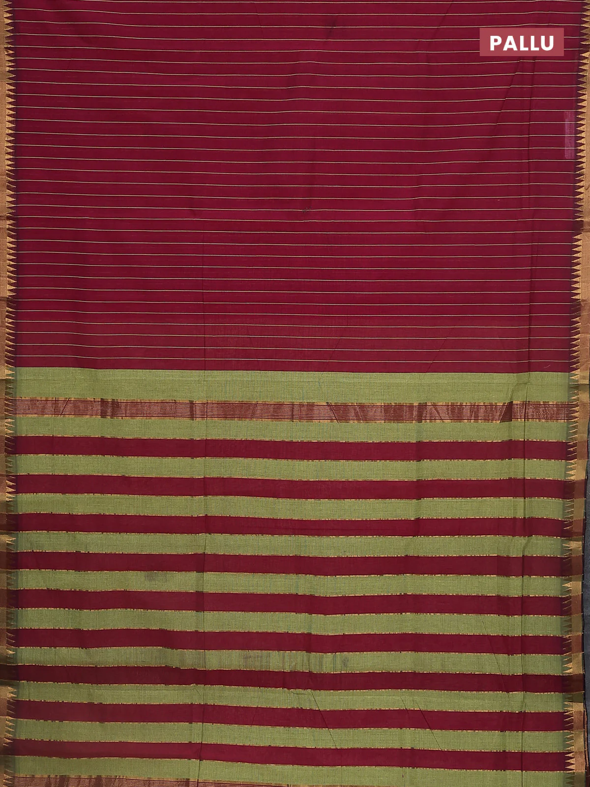 Mangalgiri cotton saree maroon and green shade with allover stripe pattern and temple zari woven border - Image 3