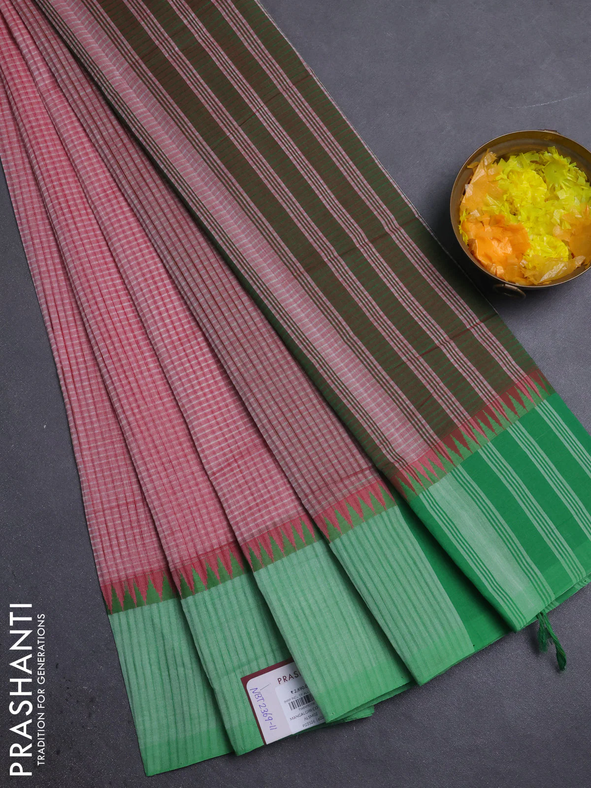 Mangalgiri cotton saree maroon and green with allover small checked pattern and temple design simple border