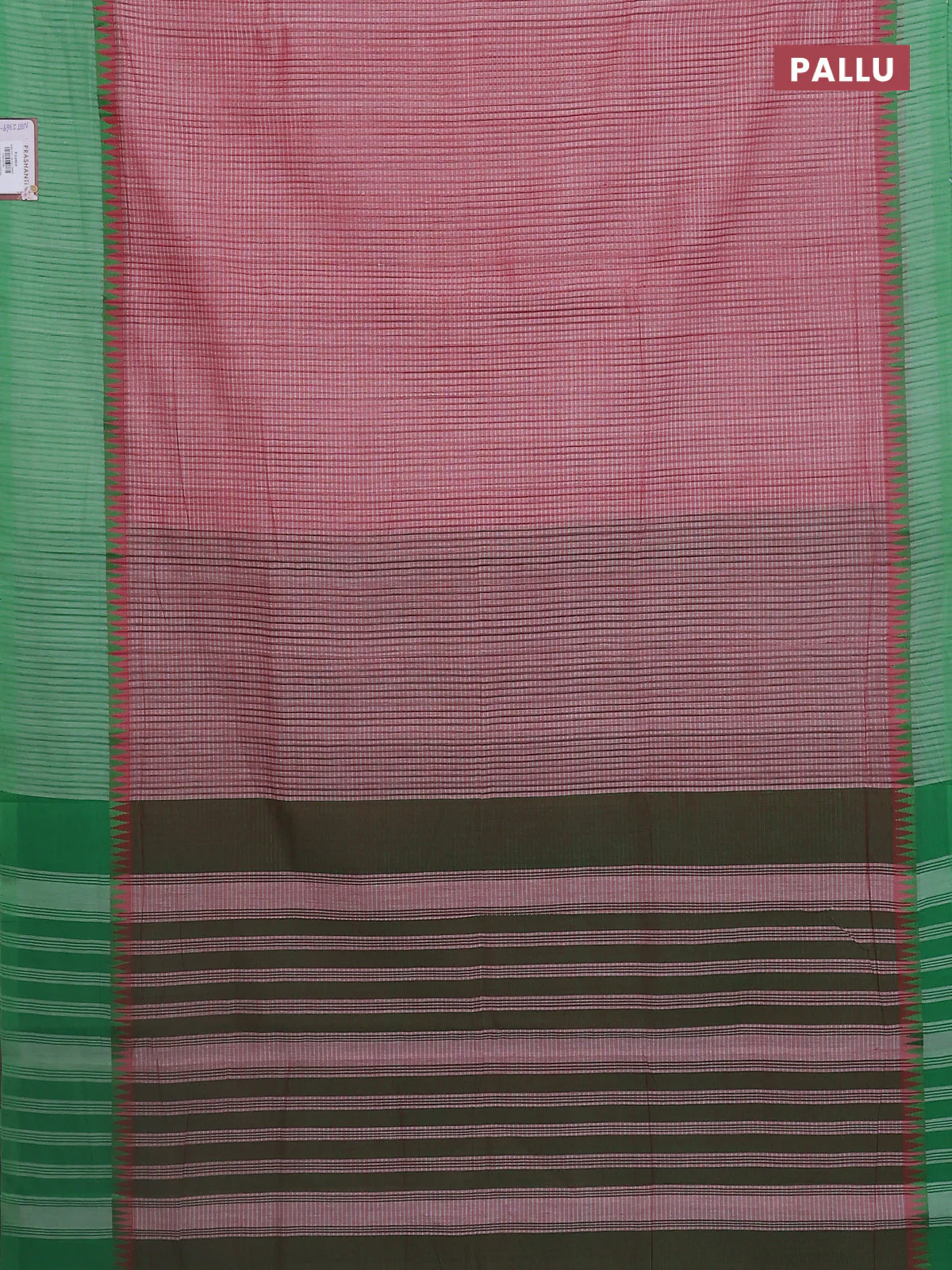 Mangalgiri cotton saree maroon and green with allover small checked pattern and temple design simple border - Image 3