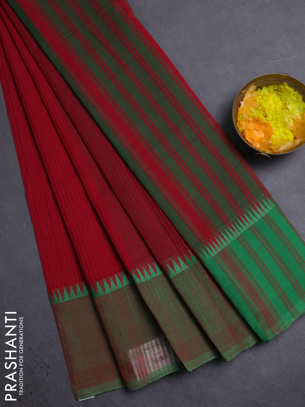 Mangalgiri cotton saree maroon and green with allover small checked pattern and temple design simple border