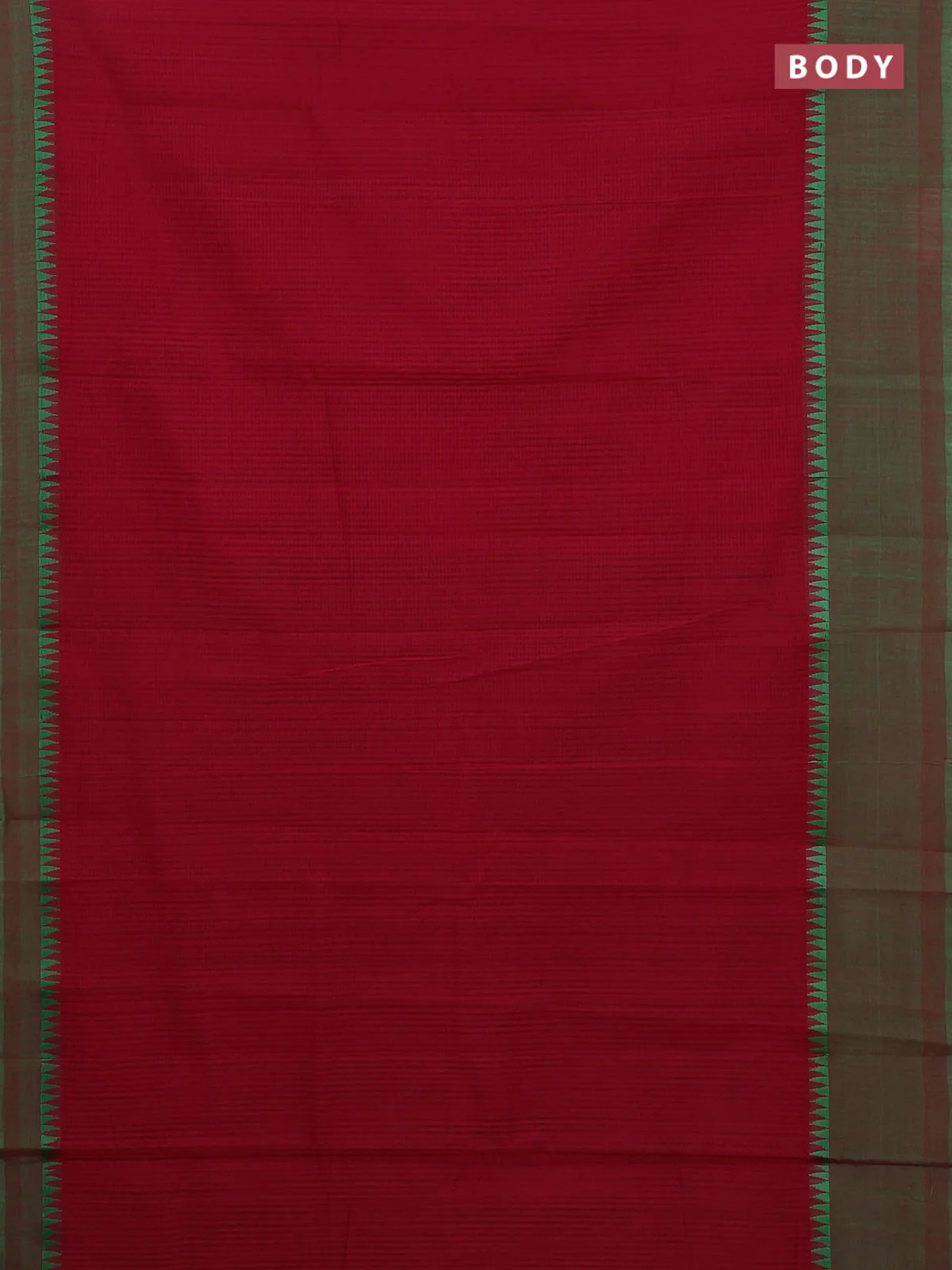 Mangalgiri cotton saree maroon and green with allover small checked pattern and temple design simple border - Image 2