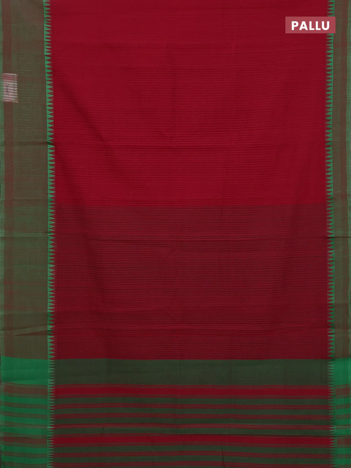 Mangalgiri cotton saree maroon and green with allover small checked pattern and temple design simple border - Image 3