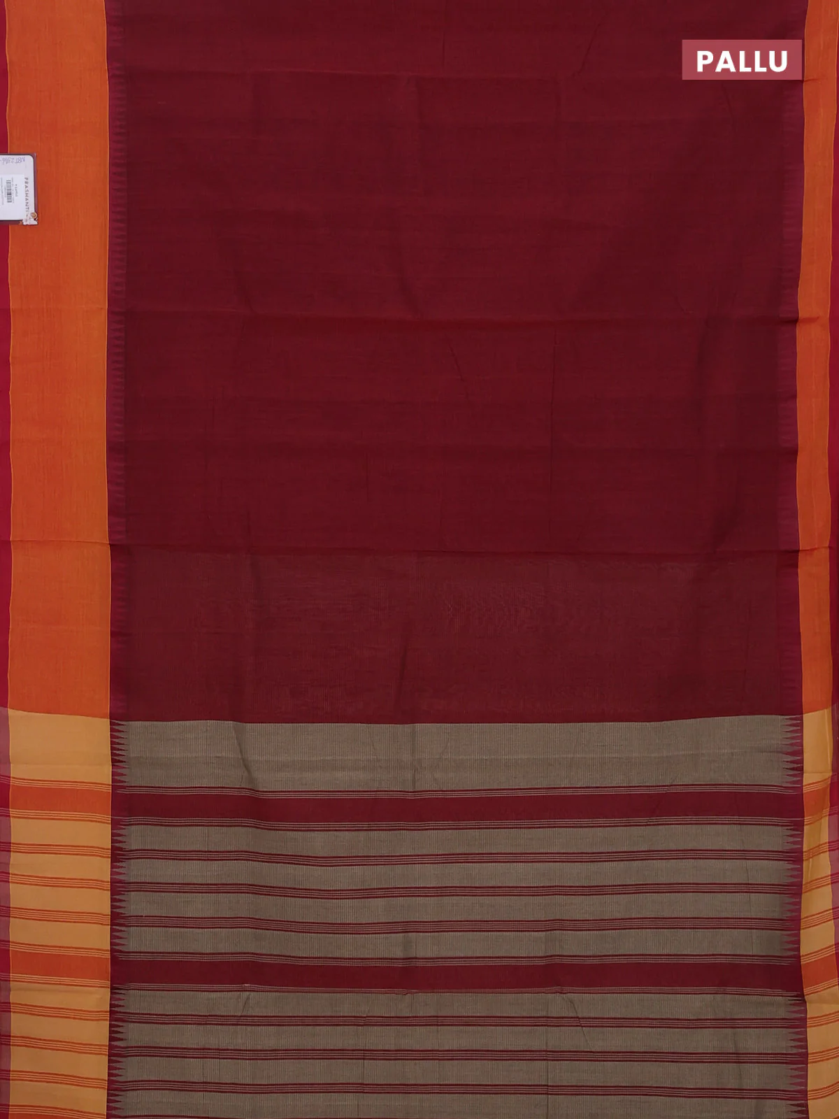 Mangalgiri cotton saree maroon and sunset orange with palin body and temple design long rettapet border - Image 3