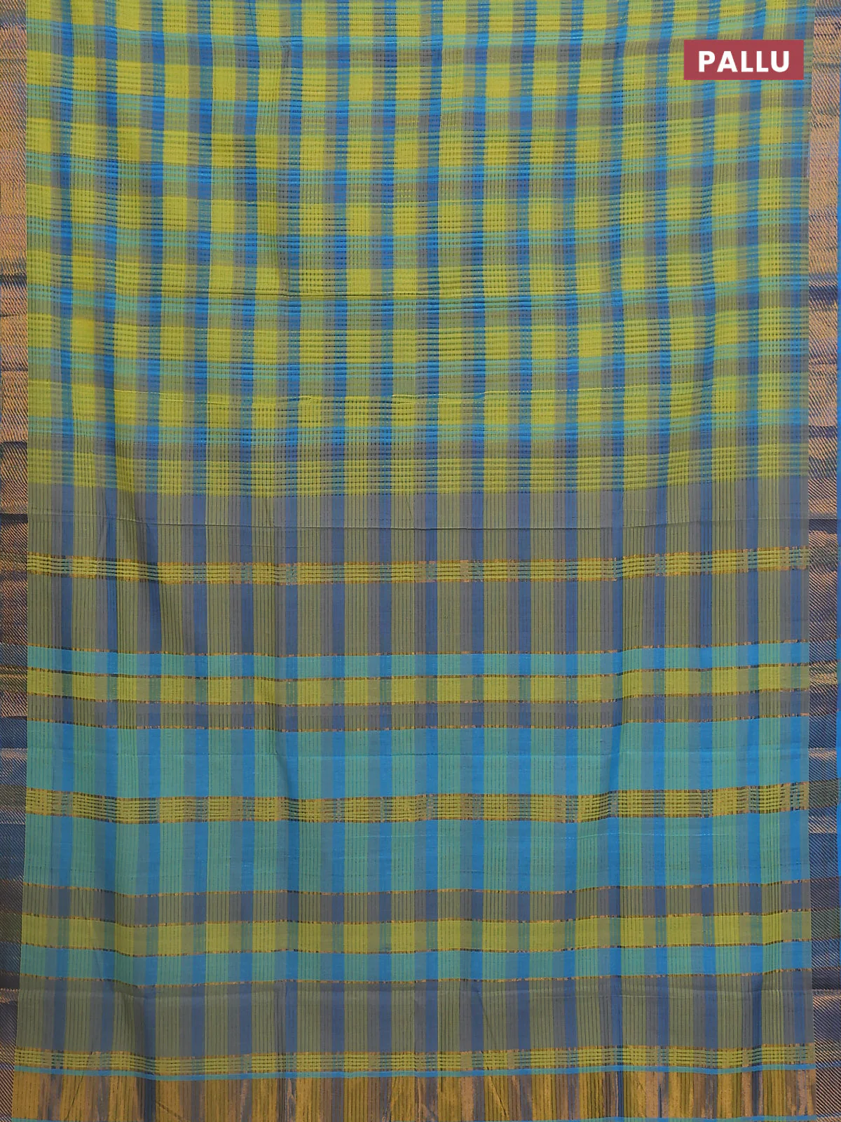 Mangalgiri cotton saree multi colour and blue with allover checked pattern and zari woven border - Image 3