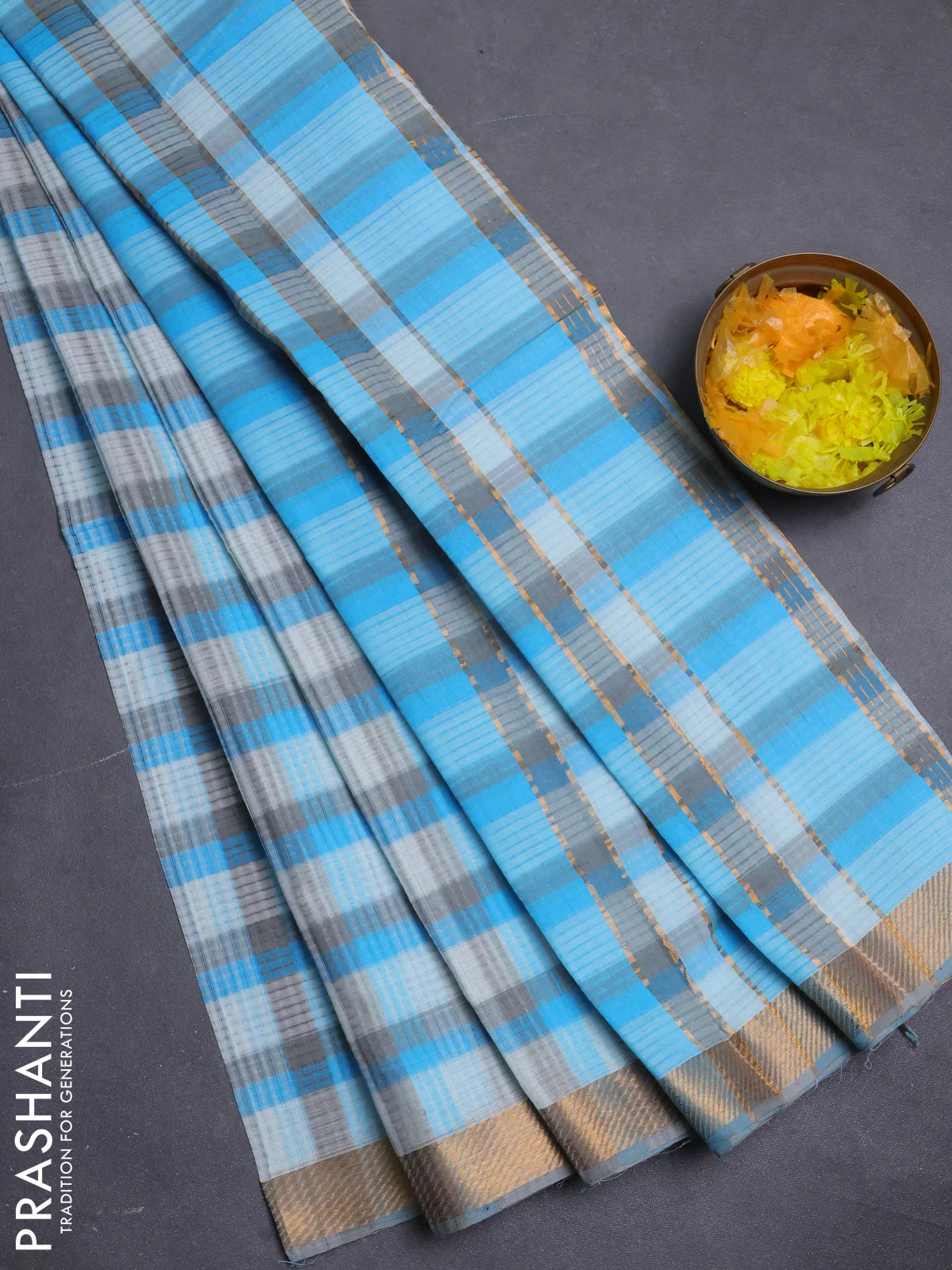 Mangalgiri cotton saree multi colour and grey with allover checked pattern and zari woven border