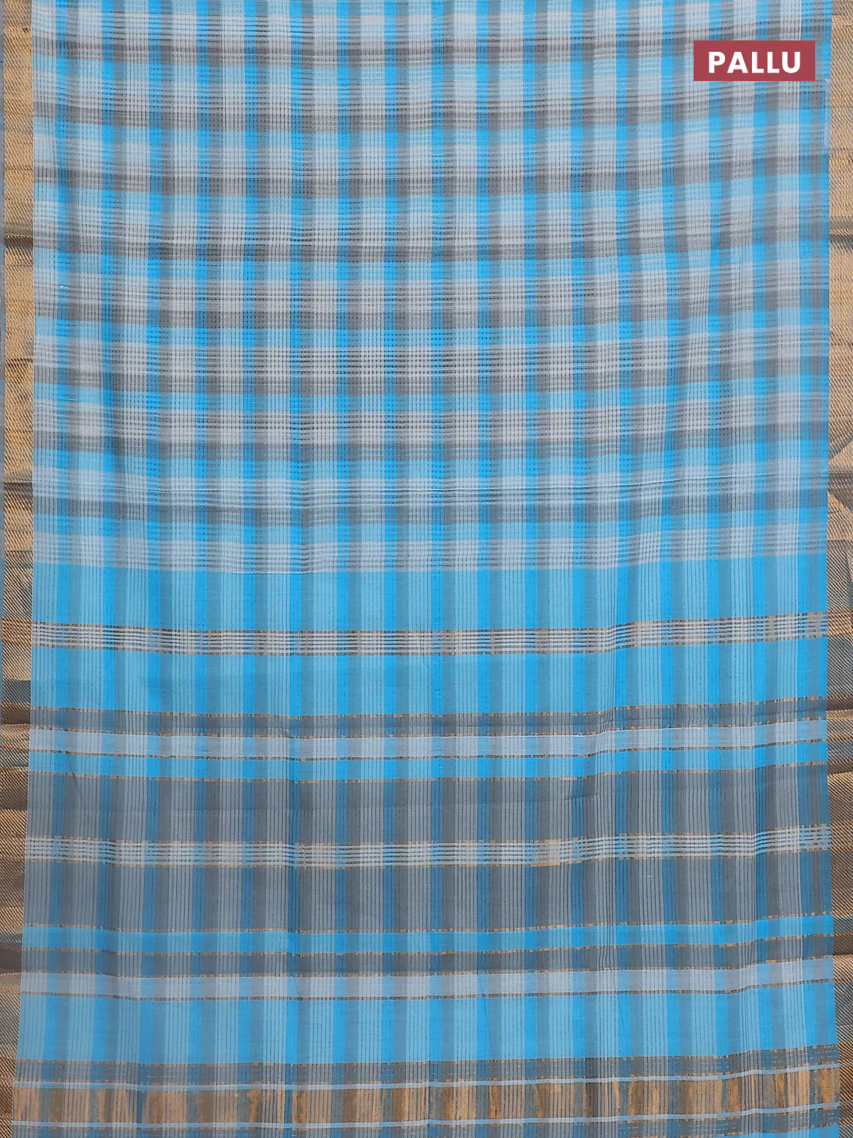 Mangalgiri cotton saree multi colour and grey with allover checked pattern and zari woven border - Image 3