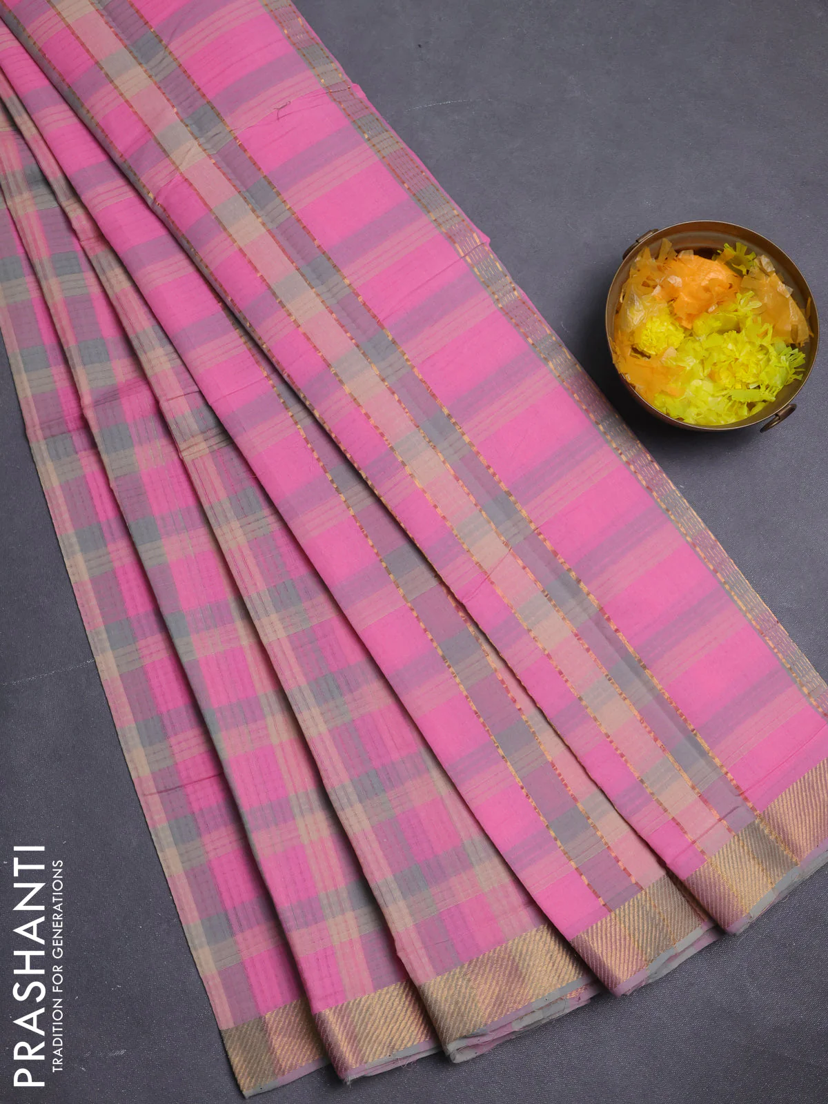 Mangalgiri cotton saree multi colour and light pink with allover checked pattern and zari woven border
