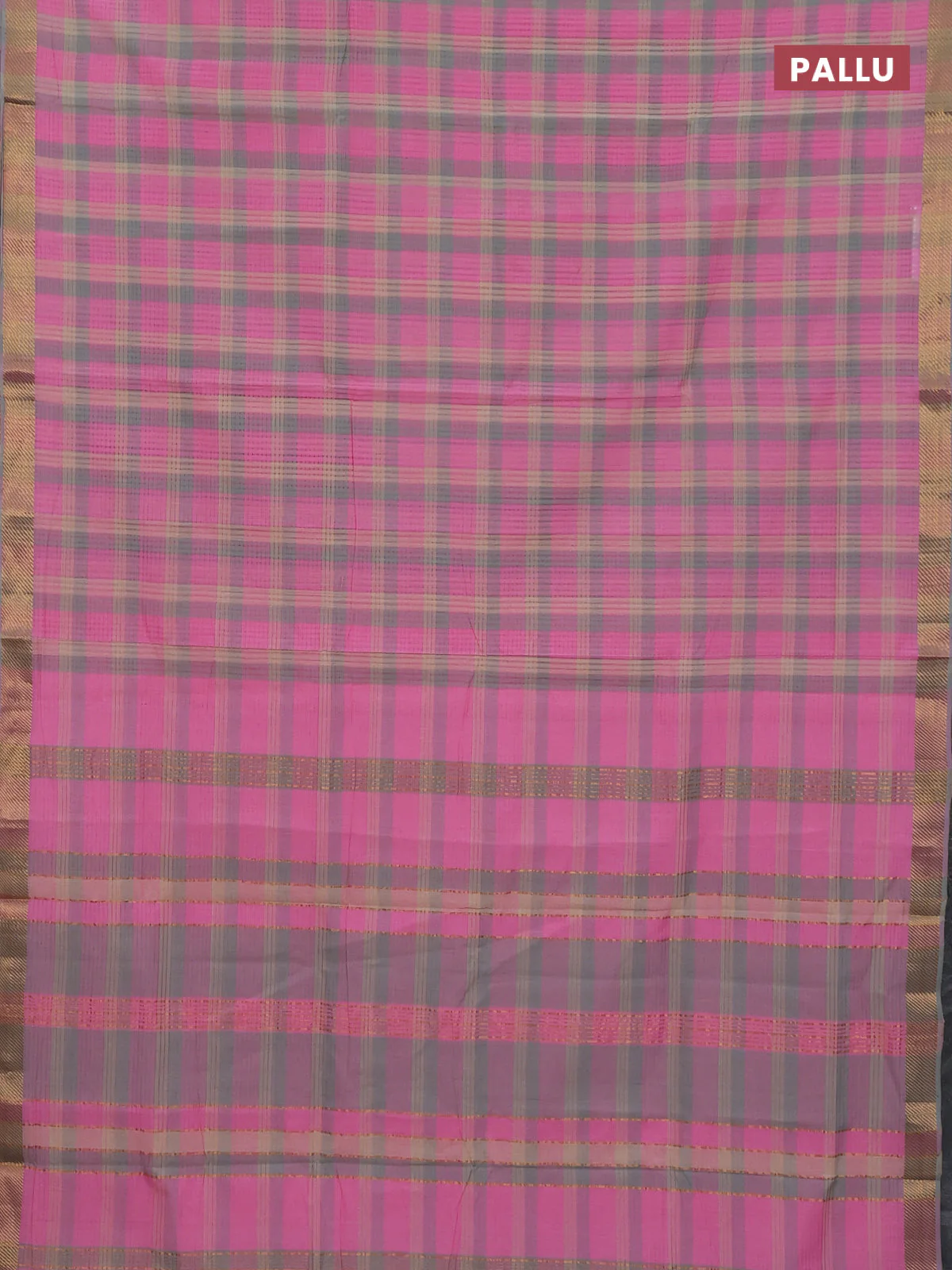 Mangalgiri cotton saree multi colour and light pink with allover checked pattern and zari woven border - Image 3