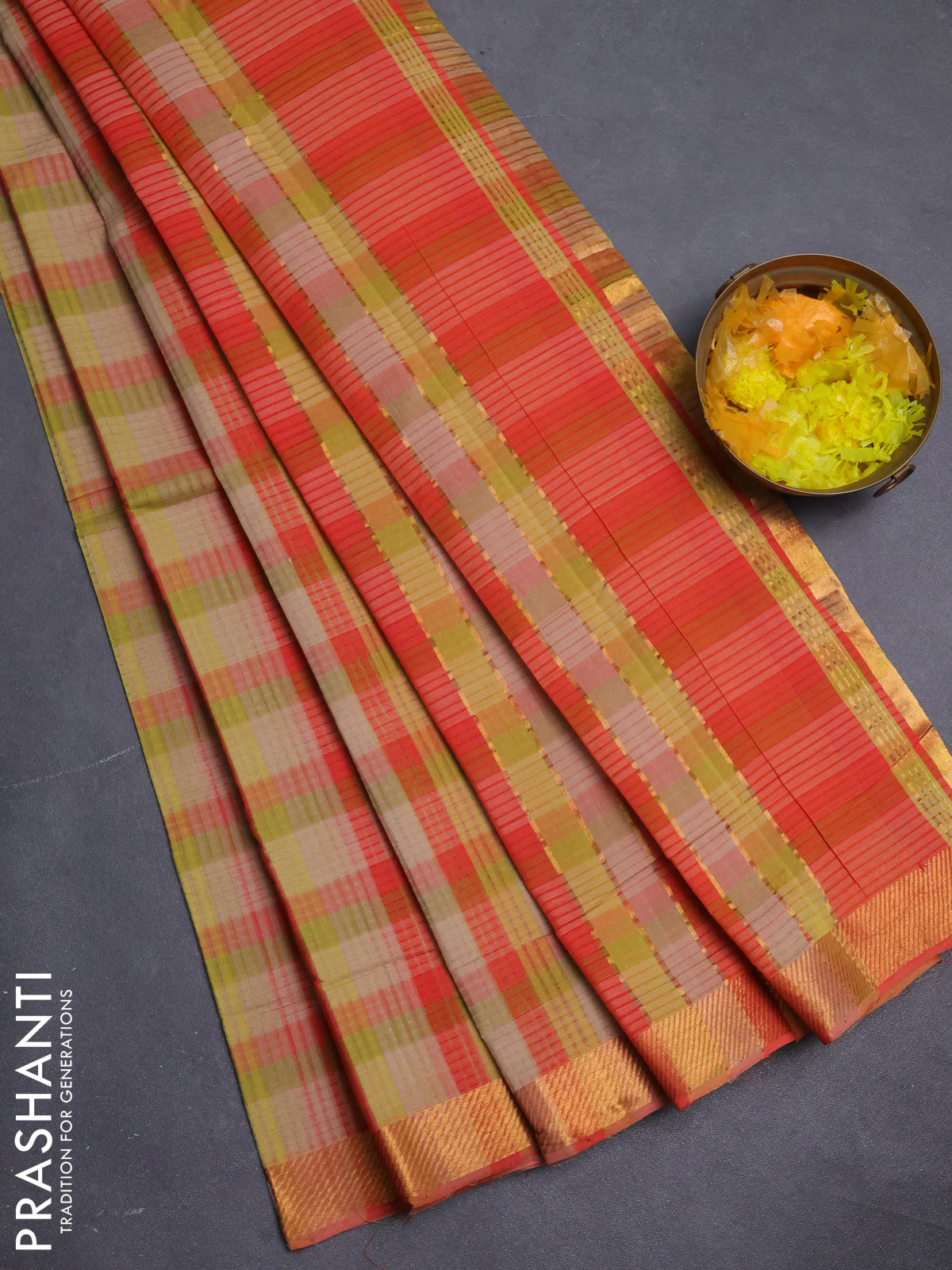 Mangalgiri cotton saree multi colour and orange with allover checked pattern and zari woven border