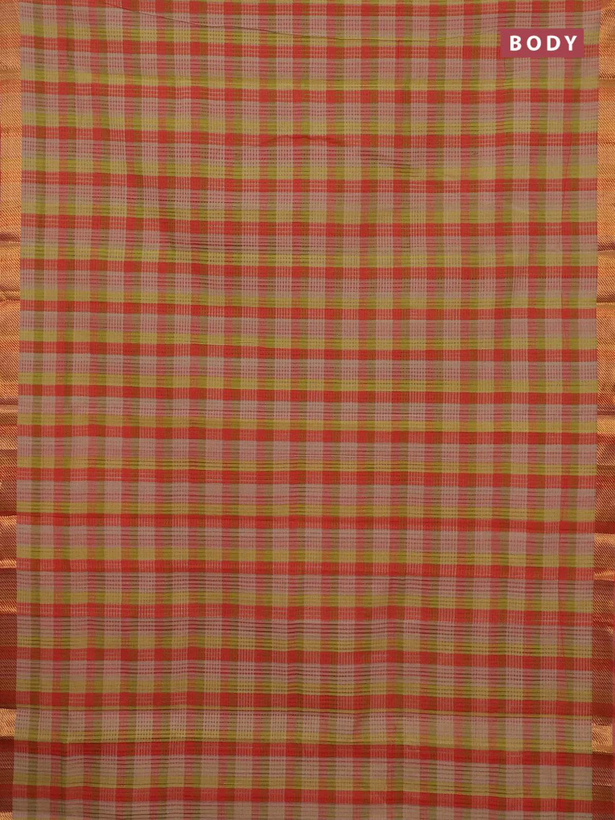 Mangalgiri cotton saree multi colour and orange with allover checked pattern and zari woven border - Image 2