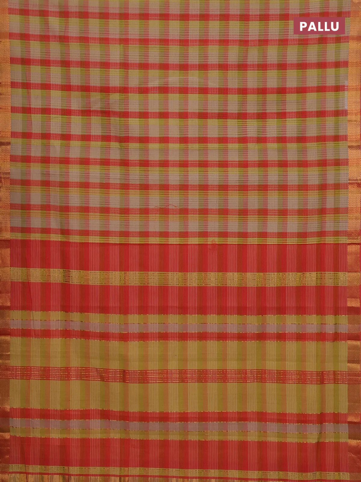 Mangalgiri cotton saree multi colour and orange with allover checked pattern and zari woven border - Image 3